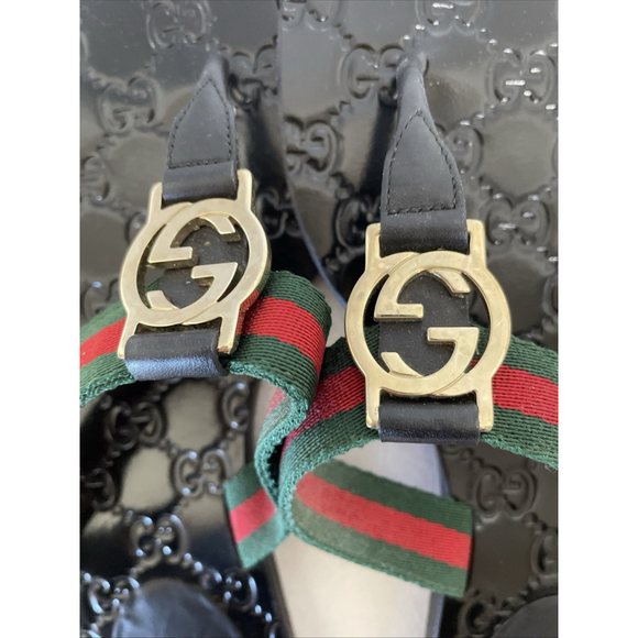 Gucci Interlocking GG Red Green Web Stripe Black Flat Thong Sandal Sz 38 US 8 - Picture 2 of 7